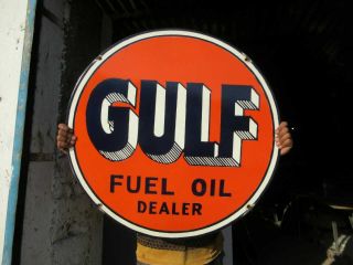 Porcelain Gulf Fuel Motor Oil Enamel Sign Size 30 " Inch Round