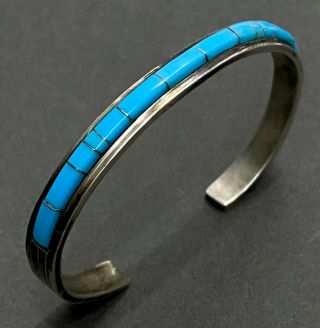 Vintage Zuni C & S Lonjose Sterling Silver Turquoise Inlay Cuff Bracelet