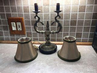 Vintage Brass 2 Arm Candelabra,  Electric Table Lamp,  Heavy W/ 2 Shades,  13” Tall