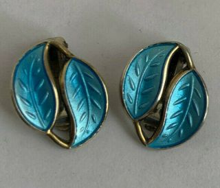 Vintage Norway Sterling Silver David Anderson Blue Enamel Leaf Clip On Earrings