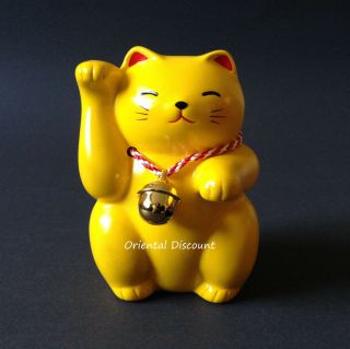 Japanese 3.  5 " Porcelain Yellow Maneki Neko Cat Bell Wealth Fortune Made In Japan