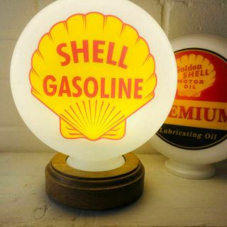 Shell Gasoline Mini Gas Pump Globe,  Solid Oak Wooden Base Led Desk Lamp