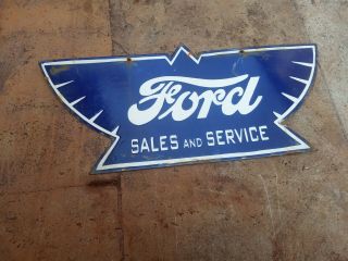 Porcelain Ford Sales And Service Enamel Sign Size 11 " X 24 " Inch