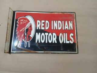 Porcelain Red Indian Motor Oils Enamel Sign 16 " X 24.  5 " Inches 2 Sided Flange