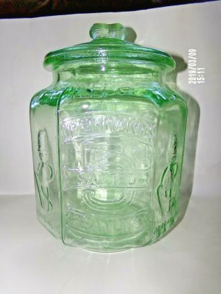 Vtg Pennant Planters Mr.  Peanut 5c Green Glass Octagonal Jar W/ Lid 12.  5 " H