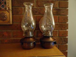 Pair Vintage 12 " Bronze Oil Lamps Wall Mount Or Tabletop W/back Plate Deflector