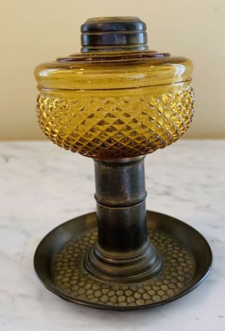 Antique Miniature Pedestal Yellow Amber Glass Fishscale Pattern Oil Lamp Font