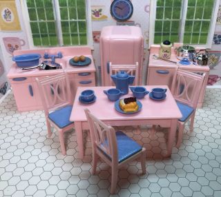 Rare Ideal Pink Kitchen Set Vintage Dollhouse Furniture Renwal Plasco Miniature