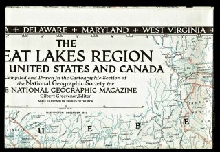 ⫸ 1953 - 12 December Vtg.  Great Lakes Region Us Canada National Geographic Map A2