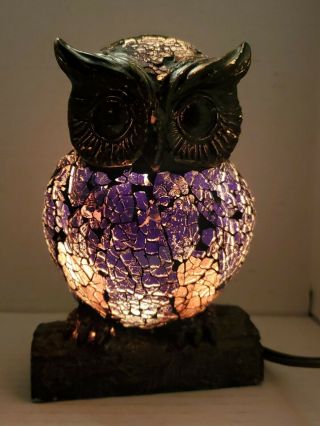 Mosaic Stained Glass Crackle Tiffany Style Owl Lamp Night Light Pre - Owned