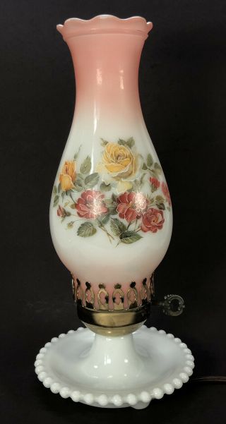 Vintage Milk Glass Hurricane Lamp Electric Rose Floral Design 13 " Retro