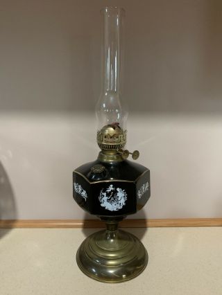 Antique Duplex Oil Lamp Black Glass Brass Base Lady & Love Cupid Graphics