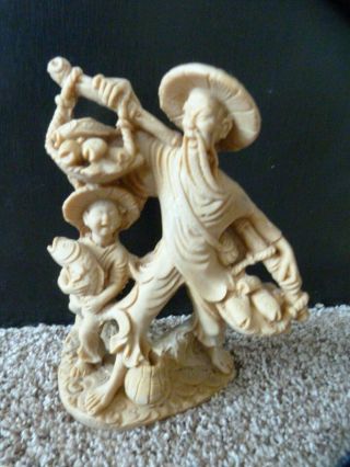 Chinese Asian Fisherman And Boy.  Resin.  Figurine.  7 Inches Tall