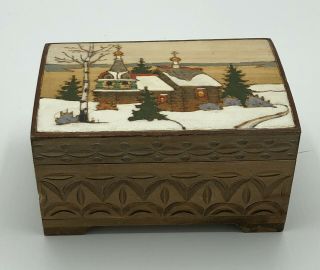 Vintage Wooden Hand Painted Hinged Trinket Box,  Pyrography & Carving,  Church