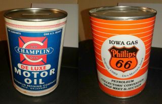 2 Paper Label Motor Oil Can Coin Banks De Moines Iowa Convention Champlin & P66
