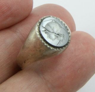 Vintage London Hm 1975 Sterling Silver Hematite Intaglio Ring Size S & A Half