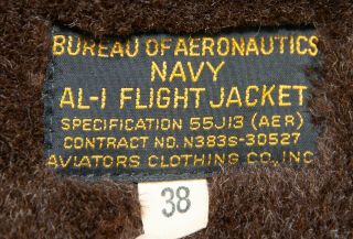 US NAVY BUREAU Of AERONAUTICS AL - 1 Flight Jacket Near 6