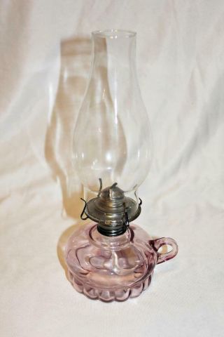 Vintage Lamplight Farms Amethyst Glass Finger Hole Oil Lamp & Shade 12 "