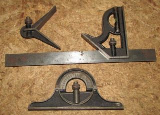 Vintage Starrett Combination Square Centre Finder & Protractor Set Engineers Usa