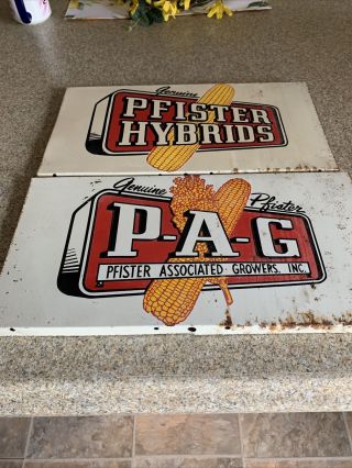 2 Vintage Pfister Hybrids Seed (dealer) Flange Sign P.  A.  G.  On The Back Side