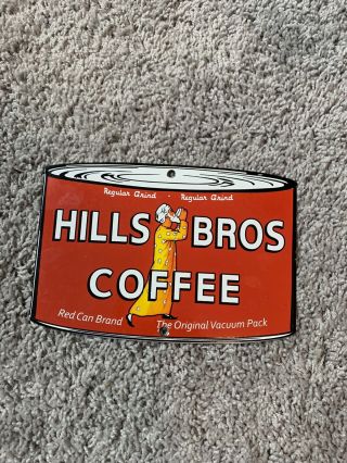 Vintage Hills Bros Coffee Die - Cut Can Porcelain Metal Gasoline & Oil Sign
