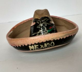 Mexican Hand Made Pottery Clay Sombrero Ashtray Trinket Souvenir Muted Colors 4 "