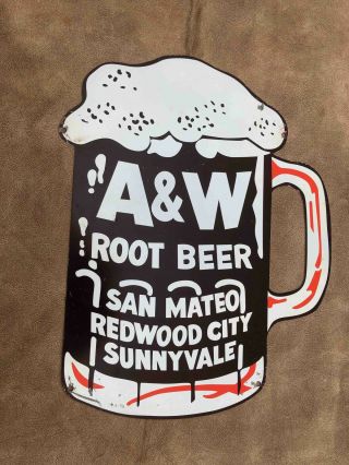 A & W Root Beer Soda Die Cut Painted Mug Tin Advertising Sign Nor.  Calif