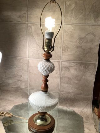 Vtg White Hobnail Milk Glass And Wood Electric Table Lamp 25 1/2 " Tall 3 Way