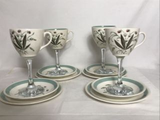 Set Of 4 Vintage Tea Trios On Glass Stems Handmade A Meakin Hedgerow