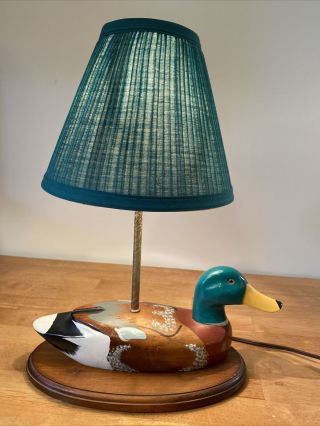 Vintage Wooden Mallard Duck " Decoy " Table Lamp - Green Lamp Shade