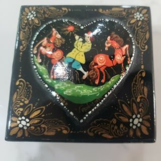 Russian Lacquered Heart Shaped Hand Painted Signed Trinket Box 2 1/2x 2 1/2 "