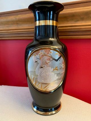 Japanese The Art Of Chokin 10.  5 " Swan Scene Vase Black W/ 24k Gold