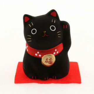 Japanese 2.  25 " H Black Maneki Neko Lucky Cat Brings Safety No Evil Made In Japan