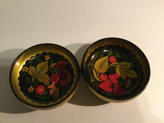 Vintage Russian Wood Bowls Hand Painted Lacquer Set Of 2 Red/black/gold Flowers