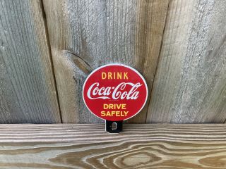 Drink Coca - Cola Drive Safely Porcelain Enamel Sign License Plate Topper Soda Pop