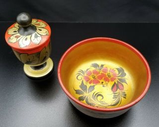 Khokhloma Vintage Hand Painted Wooden Bowl & Trinket Jar - Label Ussr