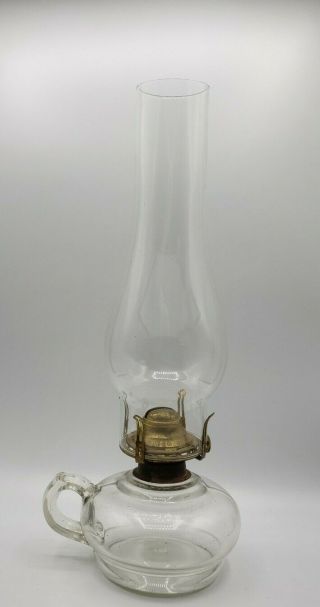Antique Glass Finger Loop Oil Lamp With Queen Anne Burner & 10.  5 " Chimney Eapg