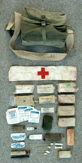 Vintage Ww2 Usn Usmc Combat Corpsman Medical First Aid Kit Bag W/ Contents Wwii