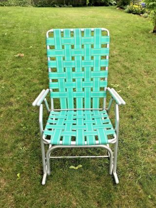 Vintage Aluminum Folding/rocking Webbed Lawn Chair Green/blue