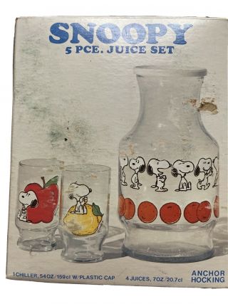 Vintage Anchor Hocking Glass 5 Piece Juice Set Snoopy Peanuts Ufs 60s Nib Drinks