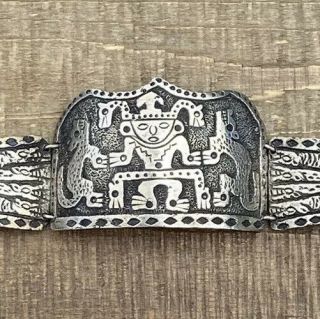 Vintage Mexican Sterling Silver Mayan Aztec God Motif Wide Medallion Bracelet