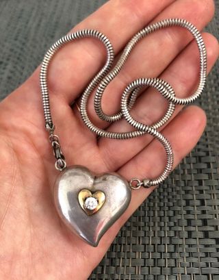 Vtg Artisan Crafted Sterling Silver,  18k Gold & Diamond Heart Necklace