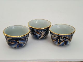 Vintage Blue White Gold Rim Sake Cups Set Of 3