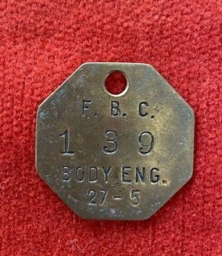 Brass Tool Check Tag General Motors - Fisher Body