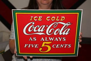 Ice Cold Coca Cola 5c Soda Pop Gas Oil Porcelain Metal Sign