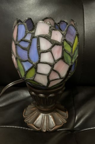 Tiffany Style Stained Glass Lamp Night Light 7” Tall Multi - Colored Euc