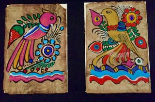 Vintage Amate Bark Paintings 3”x6” Hand Painted Folk Art Bird And Flowers