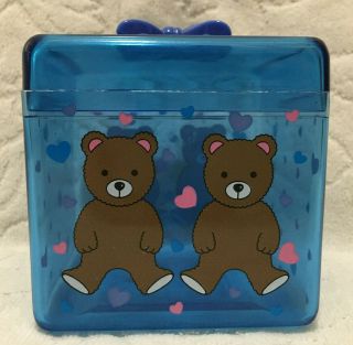 Vintage 1984 Sanrio Teddy Bear Hearts 4 " Blue Trinket Jewelry Box Japan