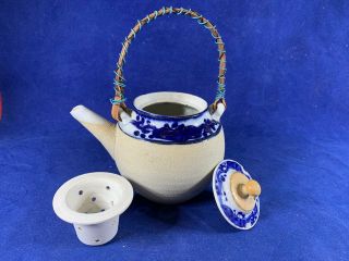 Oriental Teapot With Bamboo Handle And Ceramic Strainer Insert Blue C309