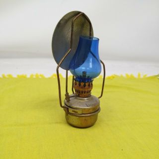 Vintage Miniature Oil Lamp Wall Mounted With Reflector And Blue Glass Chimney